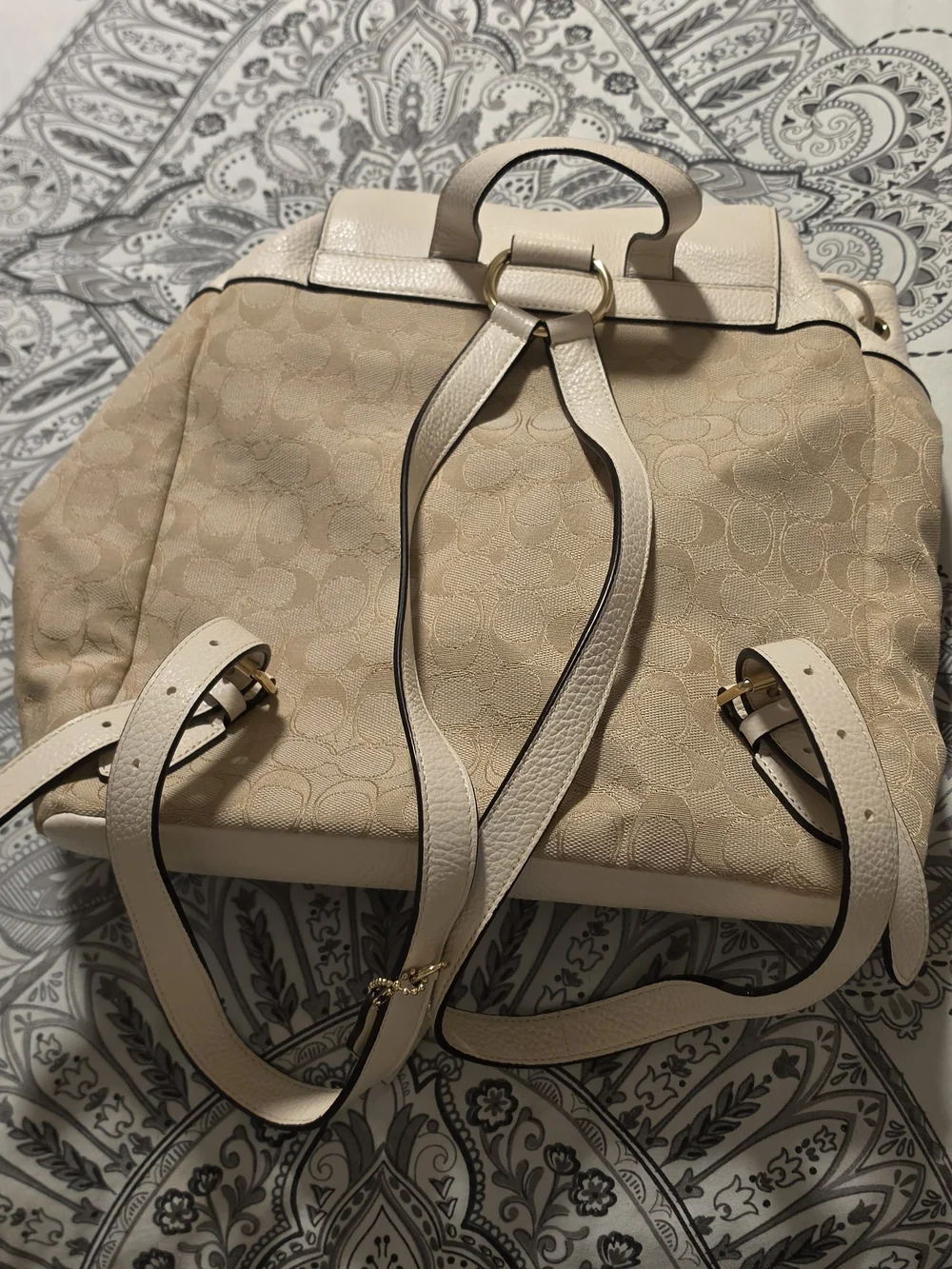Coach Beige Signature Canvas Backpack with Cream Leather Trim and Gold Hardware